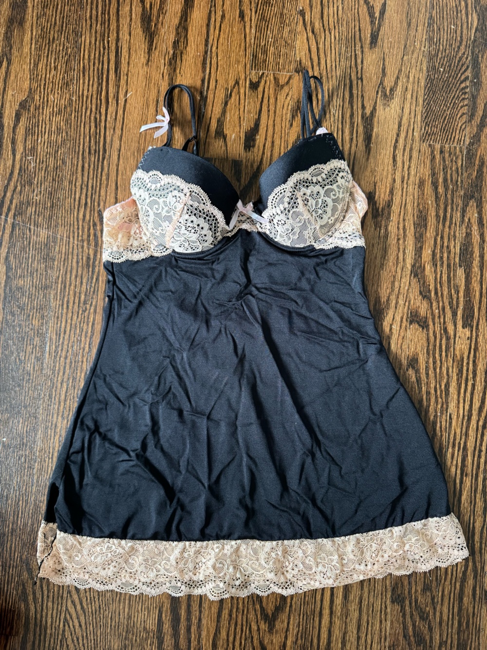 Black Lace-Trim Slip Chemise with Ivory Accents